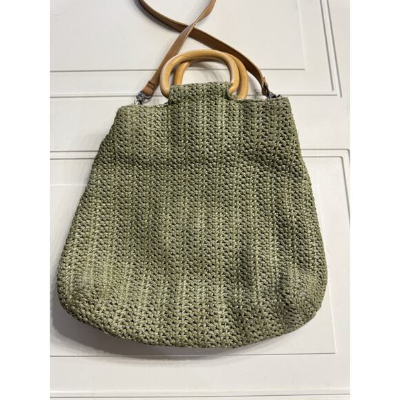 Fossil Green Weave Crochet Wooden Handles Hobo Bag Purse Woven Crossbody Strap - Picture 3 of 6
